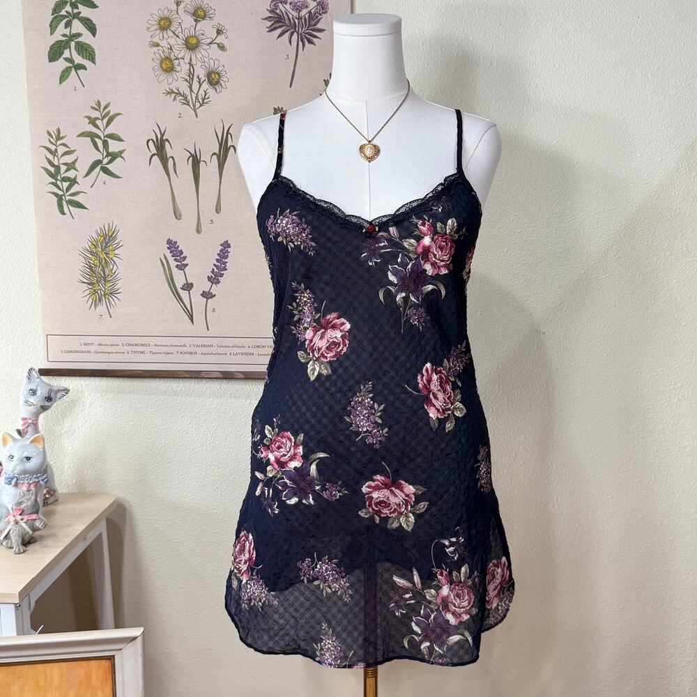 Vintage 80s 90s Floral Mini Slip Dress Sexy Romantic Whimsigoth Dark Fairy M
